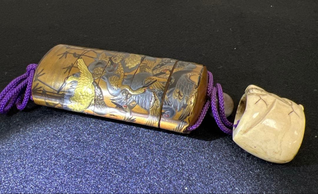 江戸時代　鶴蒔絵印籠、根付　70g 東Y8-0122☆2Fトコカ