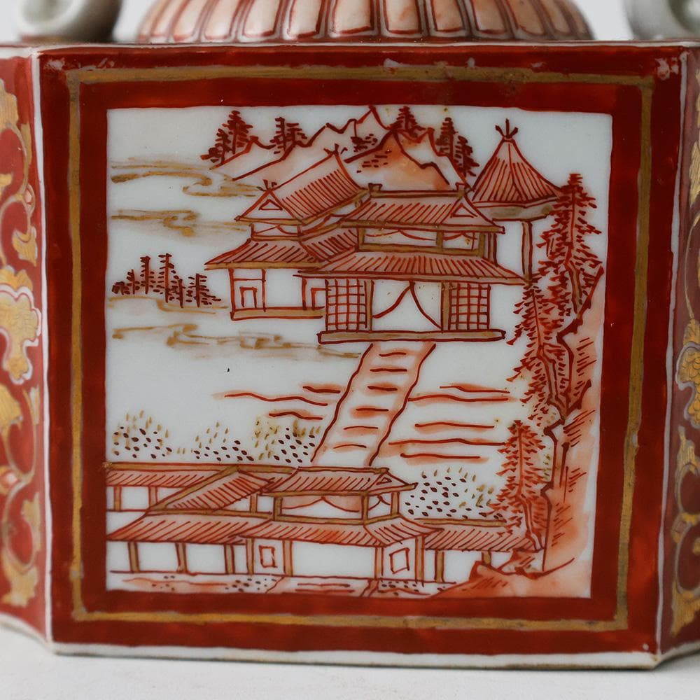 時代年代物 九谷焼 赤絵金彩唐草楼閣図 水注 酒器 煎茶器