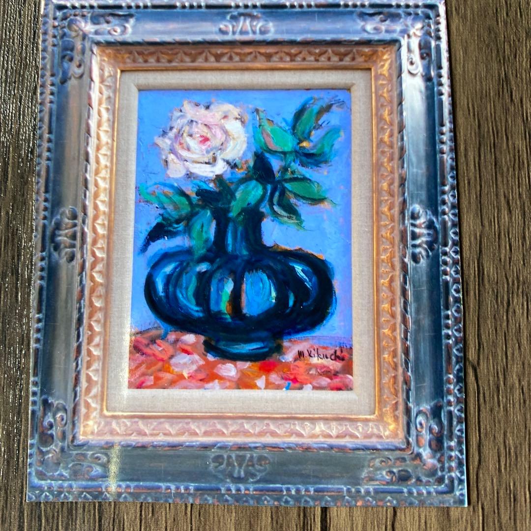 絵画　油絵　油彩画F4 「バラ一輪」額付き　美品　芸術　原画　手描き　サイン入り