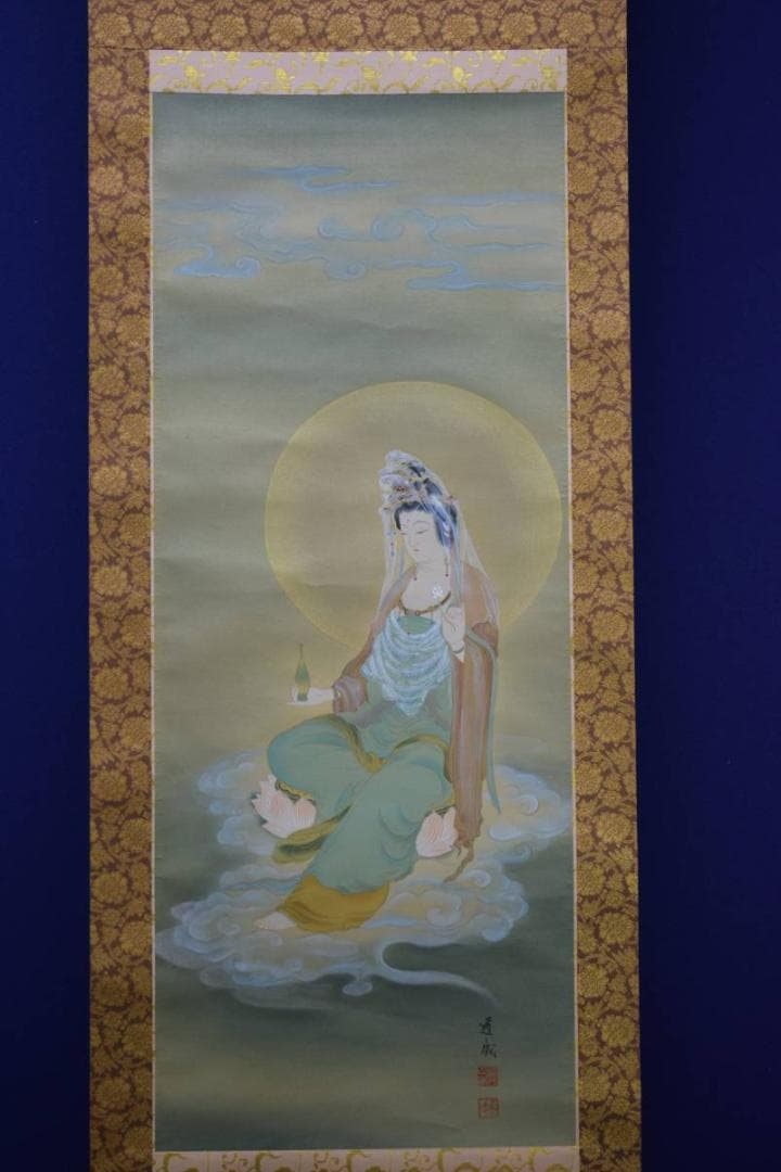 真作/國井道成/雲上観音図/漆共箱付/布袋屋掛軸HC-704