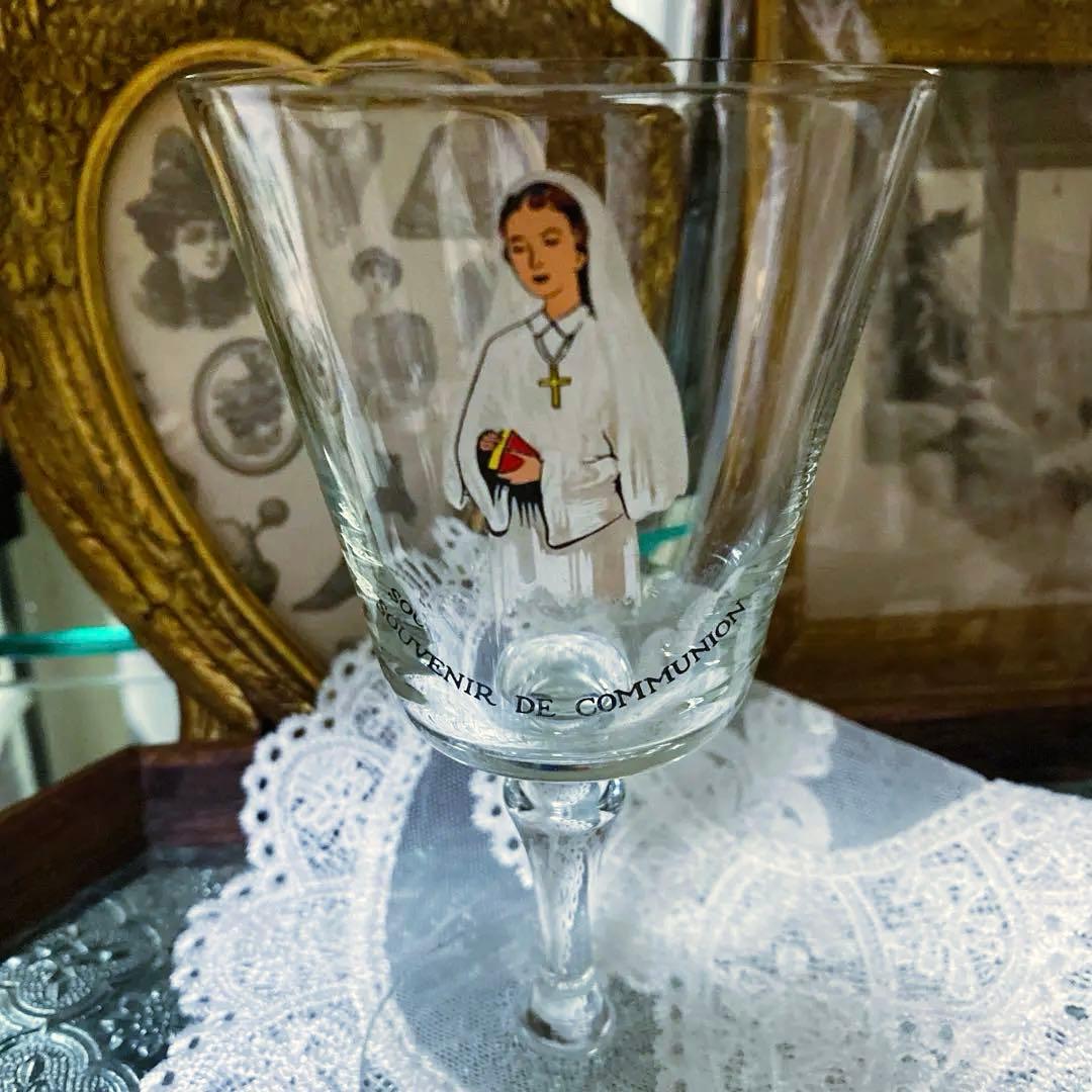 フランス　アンティーク　コミュニオン　グラス　初聖体　キリスト　カトリックの聖杯