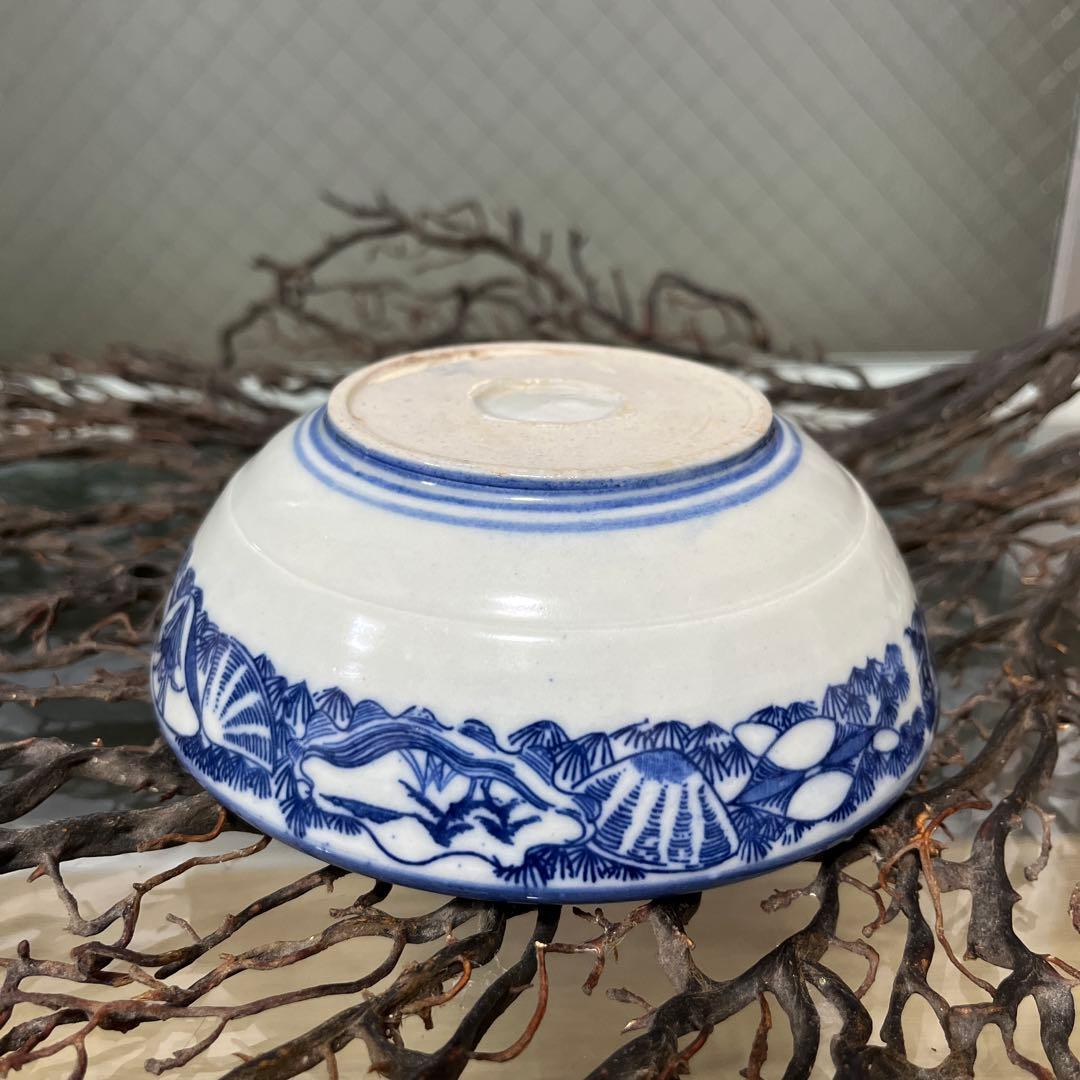 骨董　古伊万里　図変わり印判　動物　波乗り兎　老松　貝フチ　丸鉢　膾皿　１客