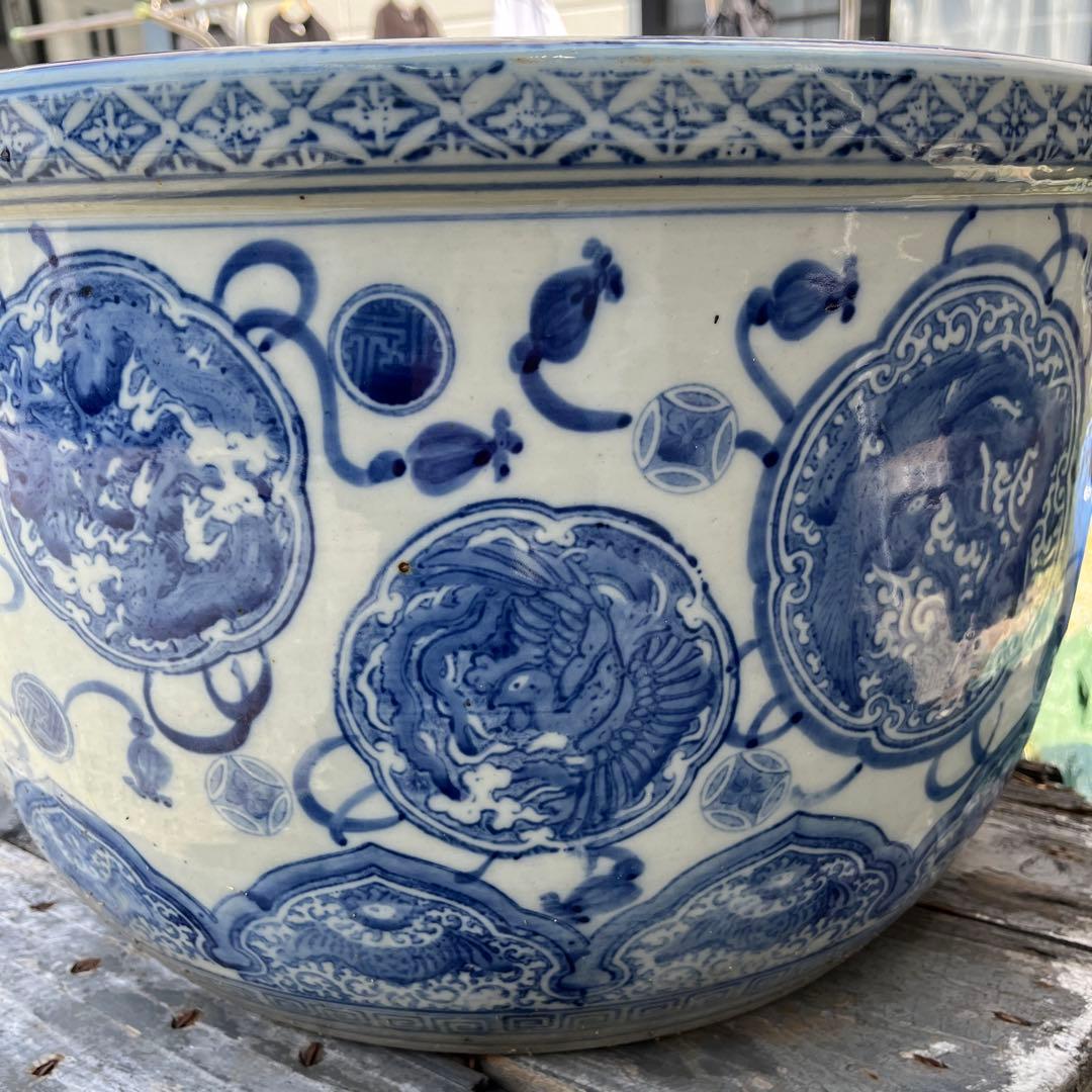 骨董 火鉢 大型 染付 睡蓮鉢 金魚 メダカ テーブル 鉢カバー 古民具 陶器