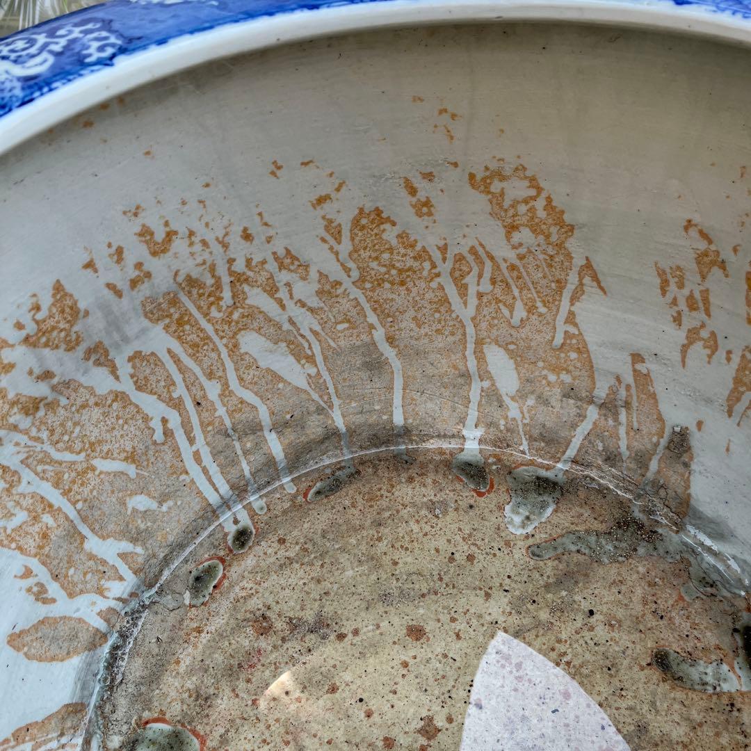 骨董 火鉢 大型 染付 睡蓮鉢 金魚 メダカ テーブル 鉢カバー 古民具 陶器