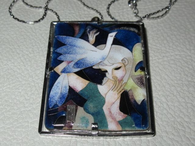 定価10万◆東郷青児 美人図 七宝焼き シルバー製チェーンのブローチとネックレス
