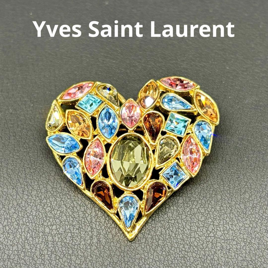 【希少】【美品】【イヴ・サンローラン】ハート カラーストーン ビジュー ブローチ