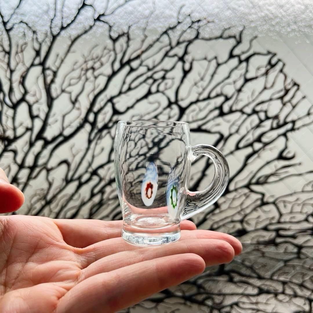 骨董　時代ガラス　超希少花象嵌　蜻蛉玉　風船型　取手付き　氷コップ　ウラン１客