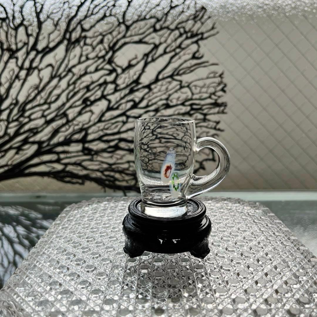 骨董　時代ガラス　超希少花象嵌　蜻蛉玉　風船型　取手付き　氷コップ　ウラン１客