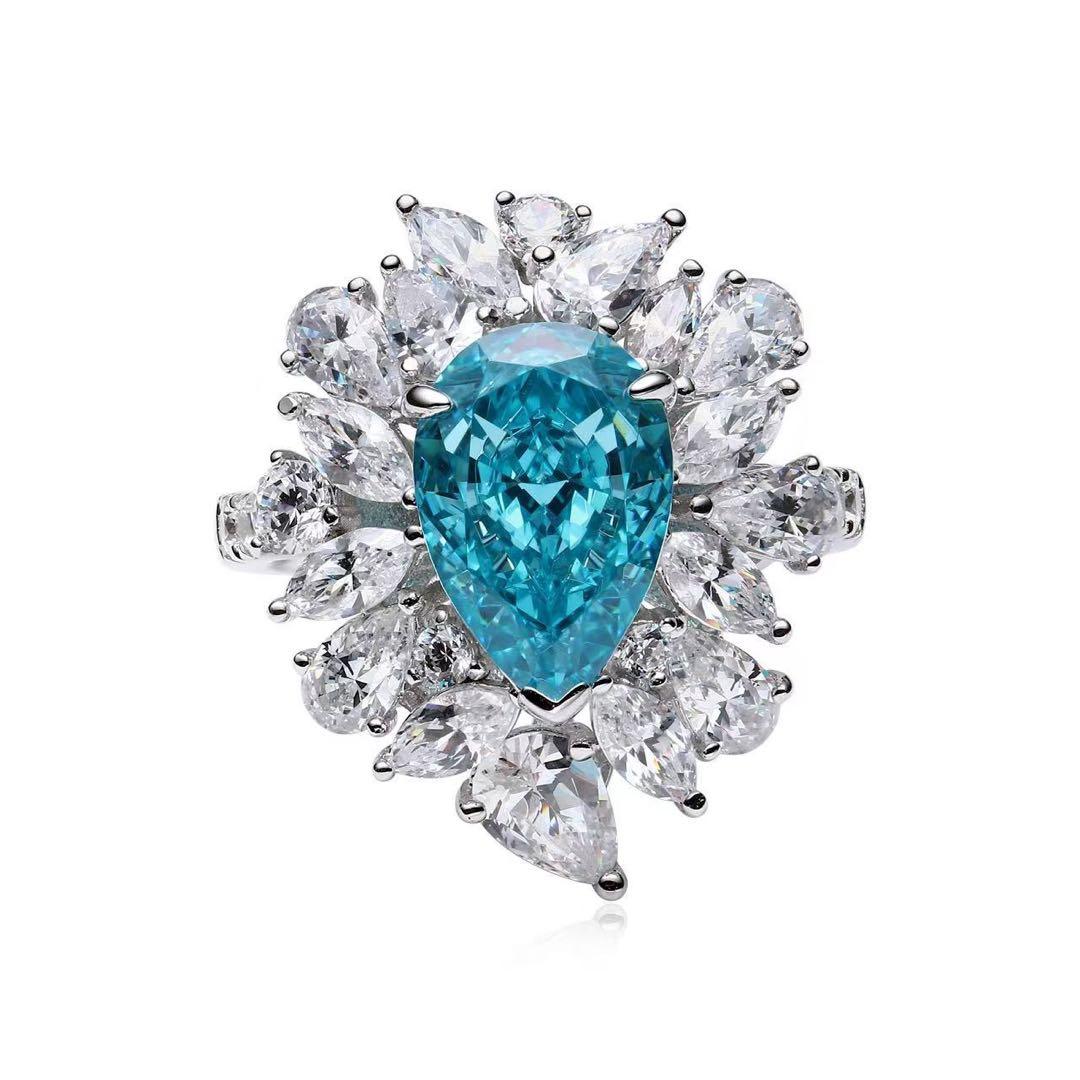 【S925純銀】ラボグロウン・パライバ リング／6.5ct／ハローセッティング