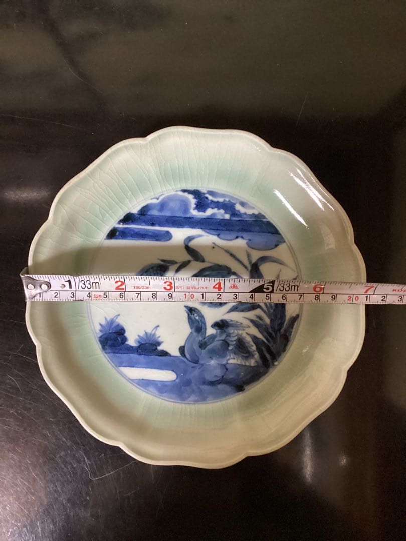 江戸初期青磁染付図皿　古伊万里コレクション買取出品　時代物