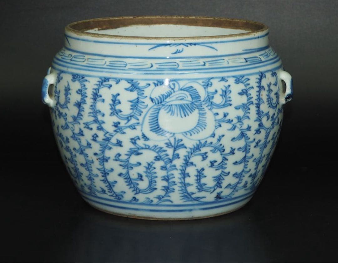 送料無料　清時代嘉慶道光青花罐/水指　本物保証　『喜』無し　耳あり　希少造形