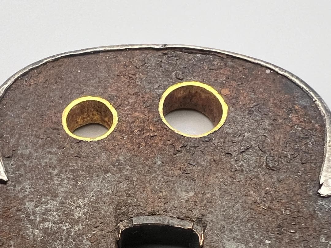 【海】江戸期　鉄鍔　木瓜型　銀覆輪　笄穴金内輪　２枚　無銘　刀装具　専用箱付