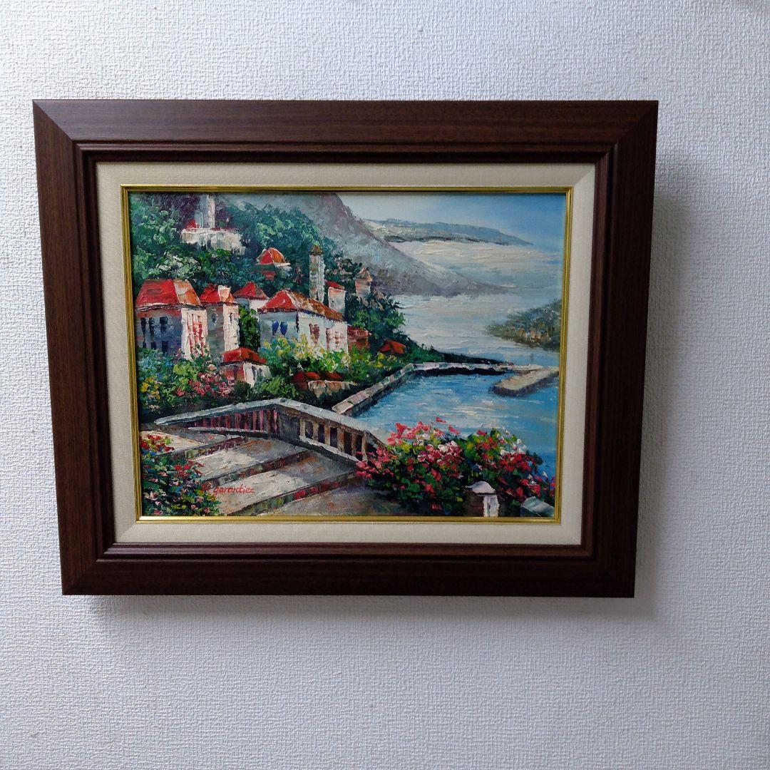 肉質油絵　横　F6　赤い屋根の家　額装仕上げ品