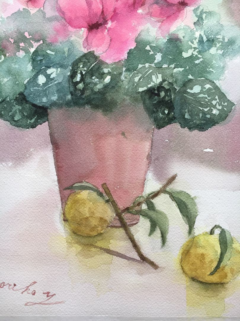 透明水彩画原画ピンクのシクラメン