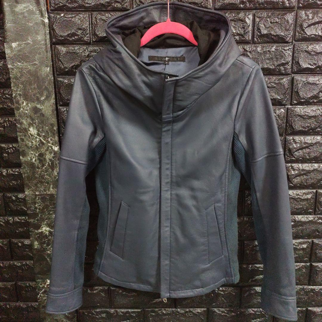 新品未使用品ノーアイディー濃紺ラムレザーライダースフード付きジャケット完売品