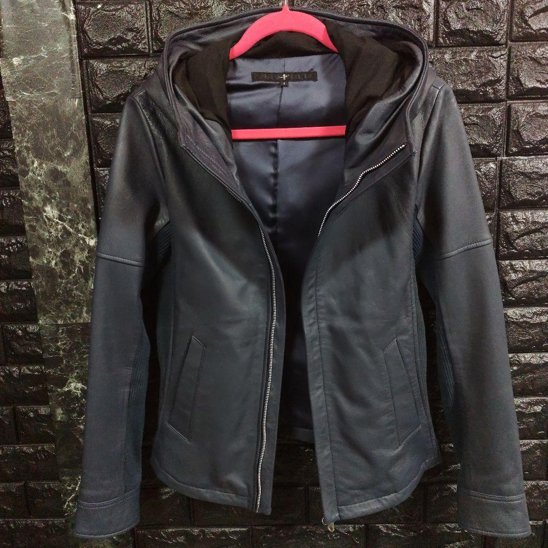 新品未使用品ノーアイディー濃紺ラムレザーライダースフード付きジャケット完売品