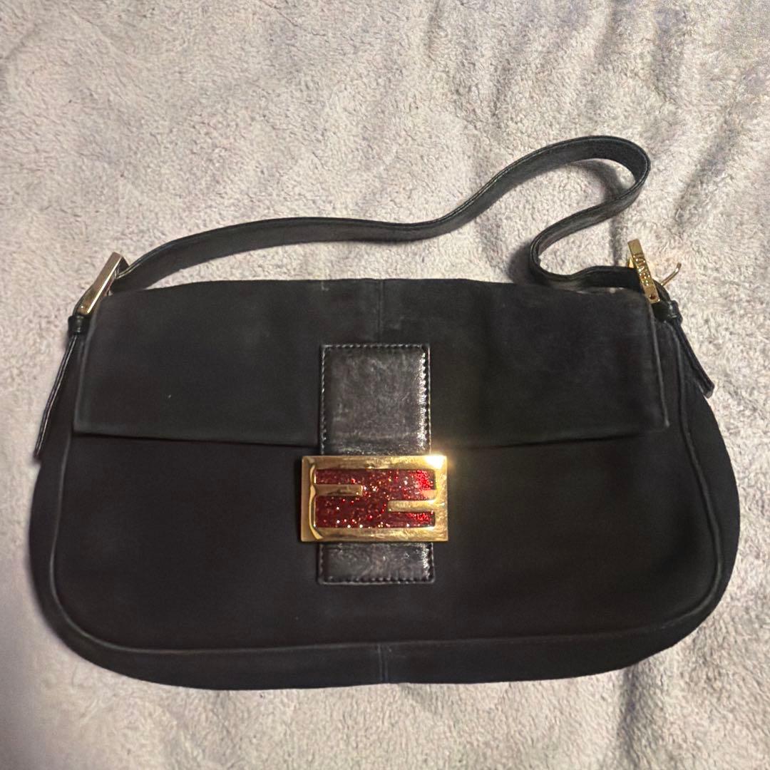 FENDI 黒スエード レザー ハンドバッグ