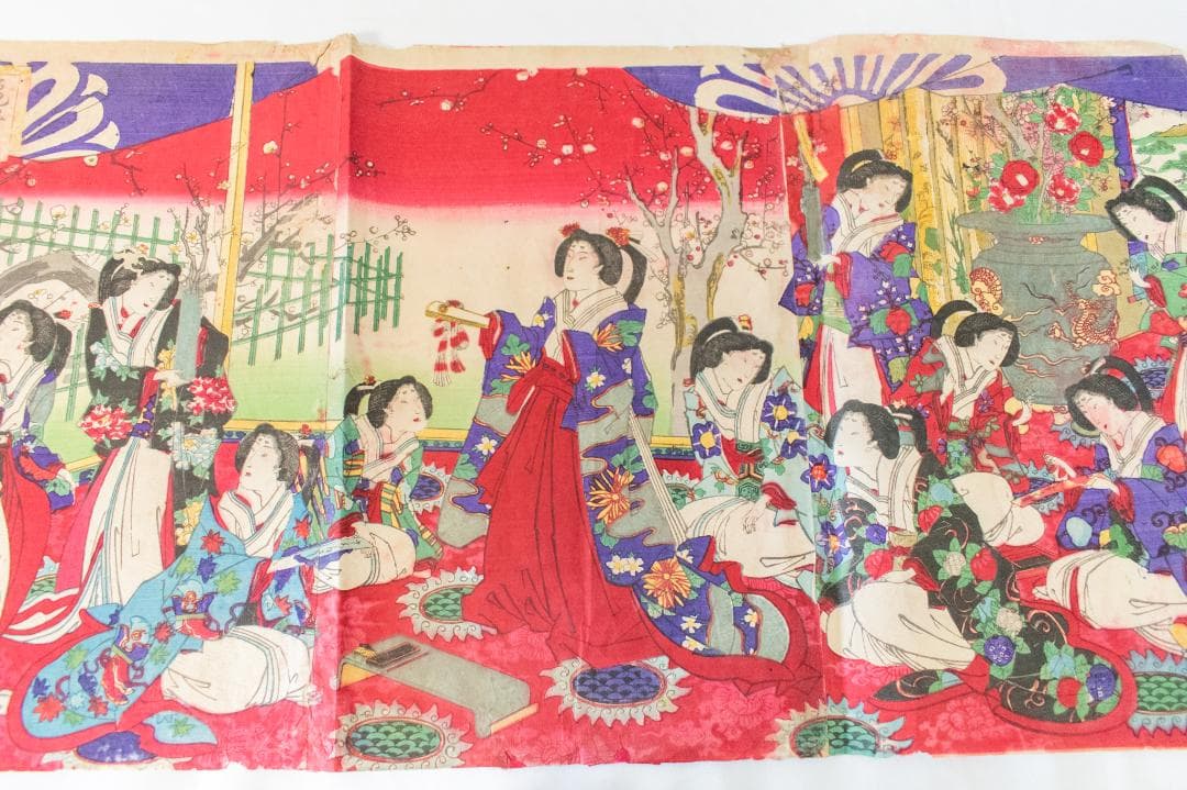M▽歌川周重 亀井戸梅やしき御遊覧の図 木版画 美人画 浮世絵 錦絵 (063)