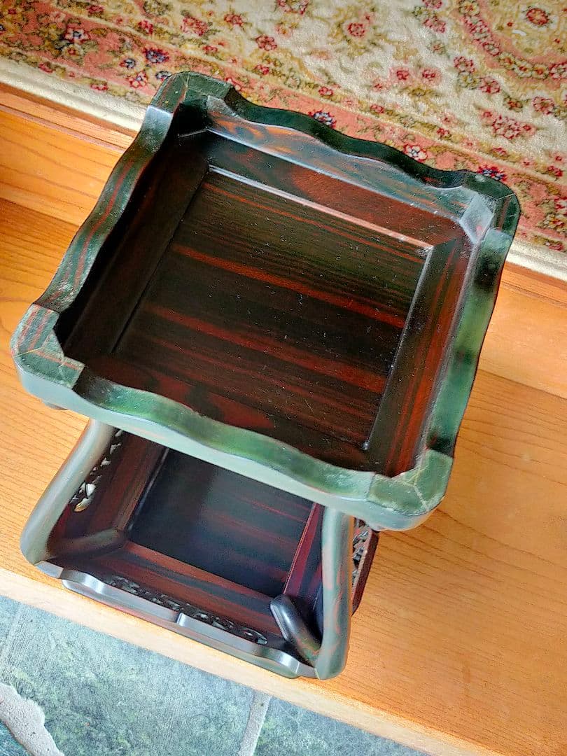 値下香炉台 花台 透かし彫り 盆栽台 和風 四つ足　木製　中古