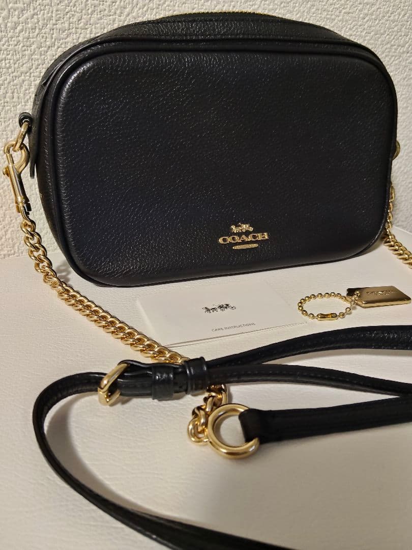COACH ブラック　レザー　ショルダー　バッグ　黒　ロゴ　チェーン　コーチ