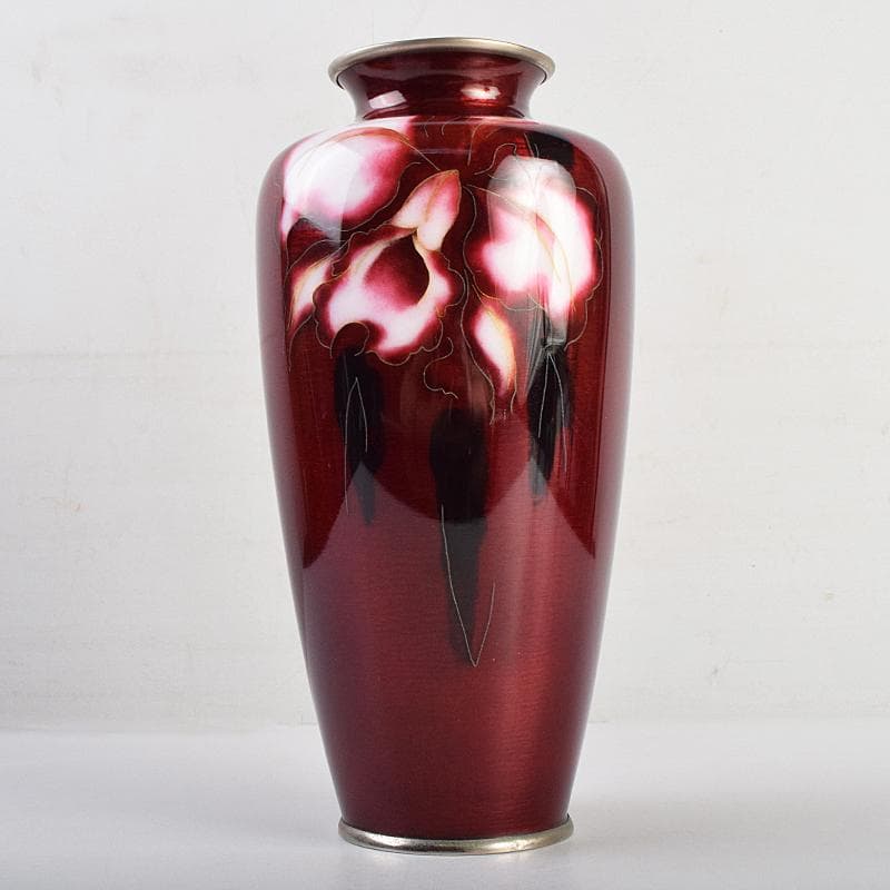 七宝焼　安藤七宝店　赤透釉　カトレア文　花瓶　C　R9409