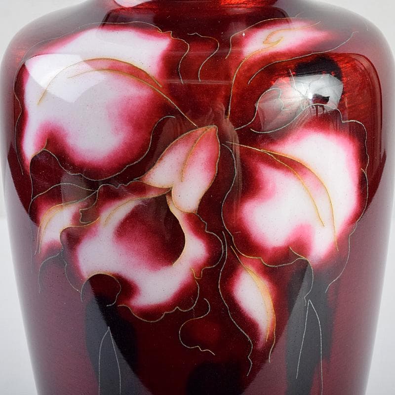 七宝焼　安藤七宝店　赤透釉　カトレア文　花瓶　C　R9409