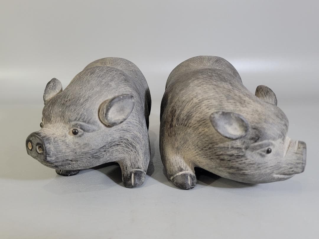 陳鳴遠 底款刻 在銘 朱泥 ブタ　夫婦 豚 置物