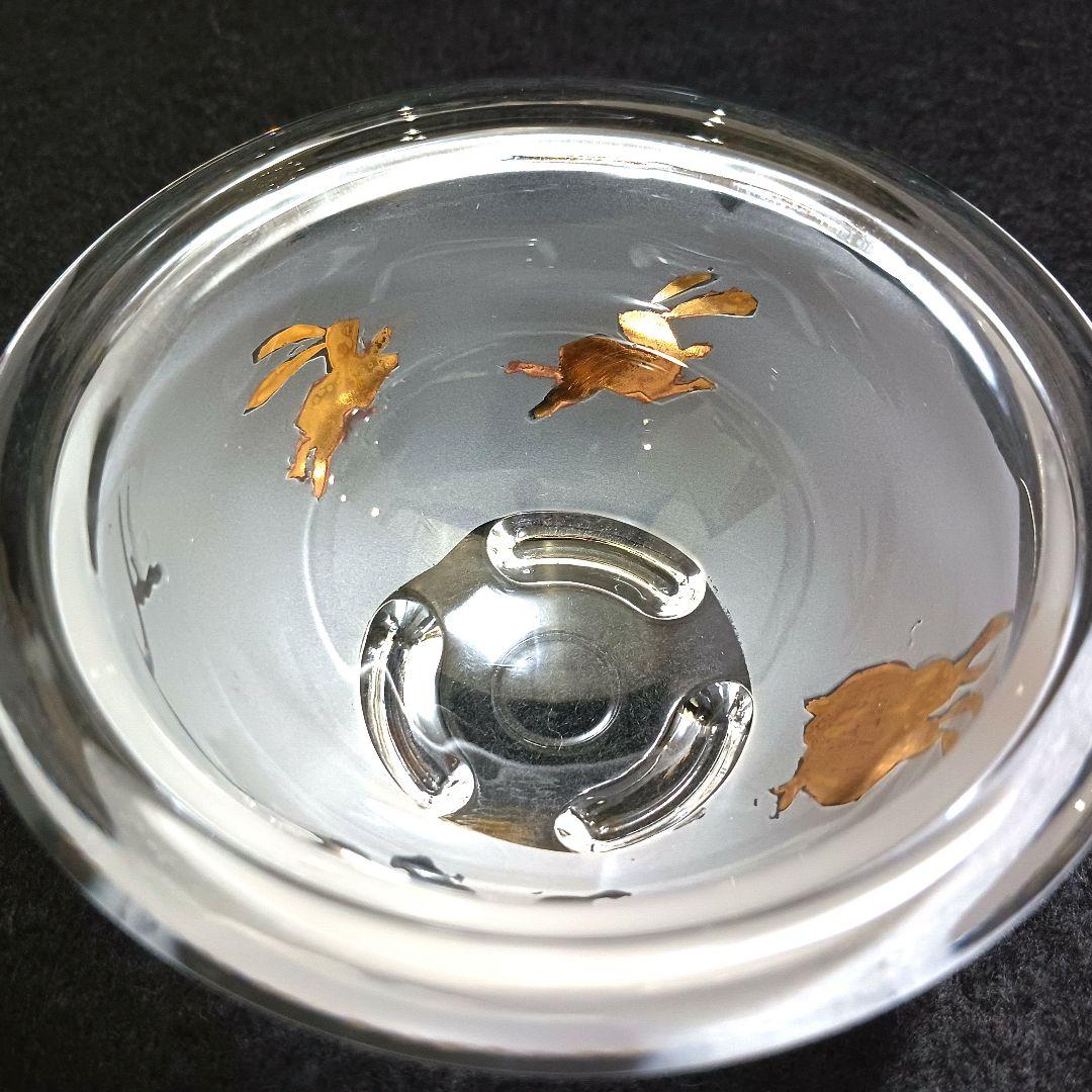 Y3279-3 ガラス製 金彩ウサギ文 蓋付碗 ガラス碗 2客セット