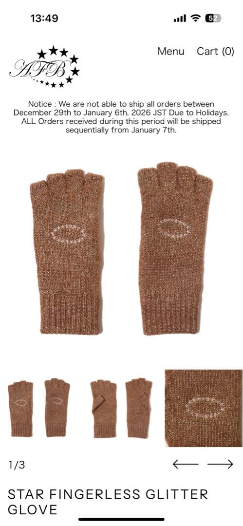 小物 AFB STAR FINGERLESS GLITTER GLOVE