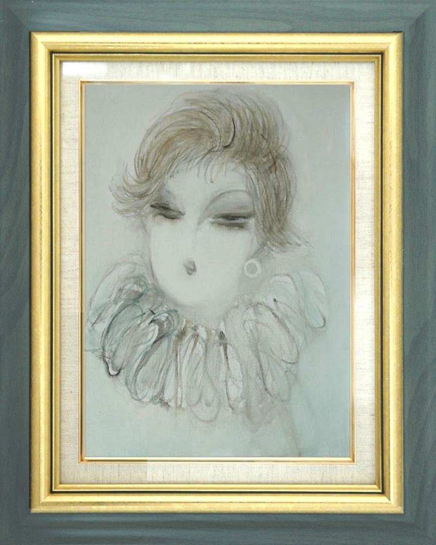 油絵 菅家令子 絵 絵画インテリア額付(青緑＋金色の枠) F6-081412女性