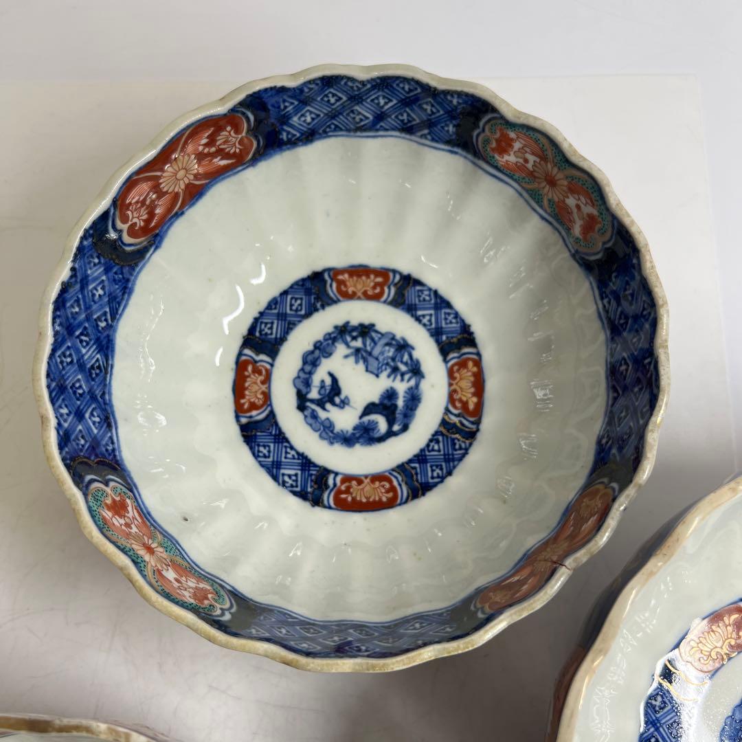 古伊万里　染錦菊割ミツ鉢　木箱　幅約24/21/18㎝　東Y7-0725③タカサ