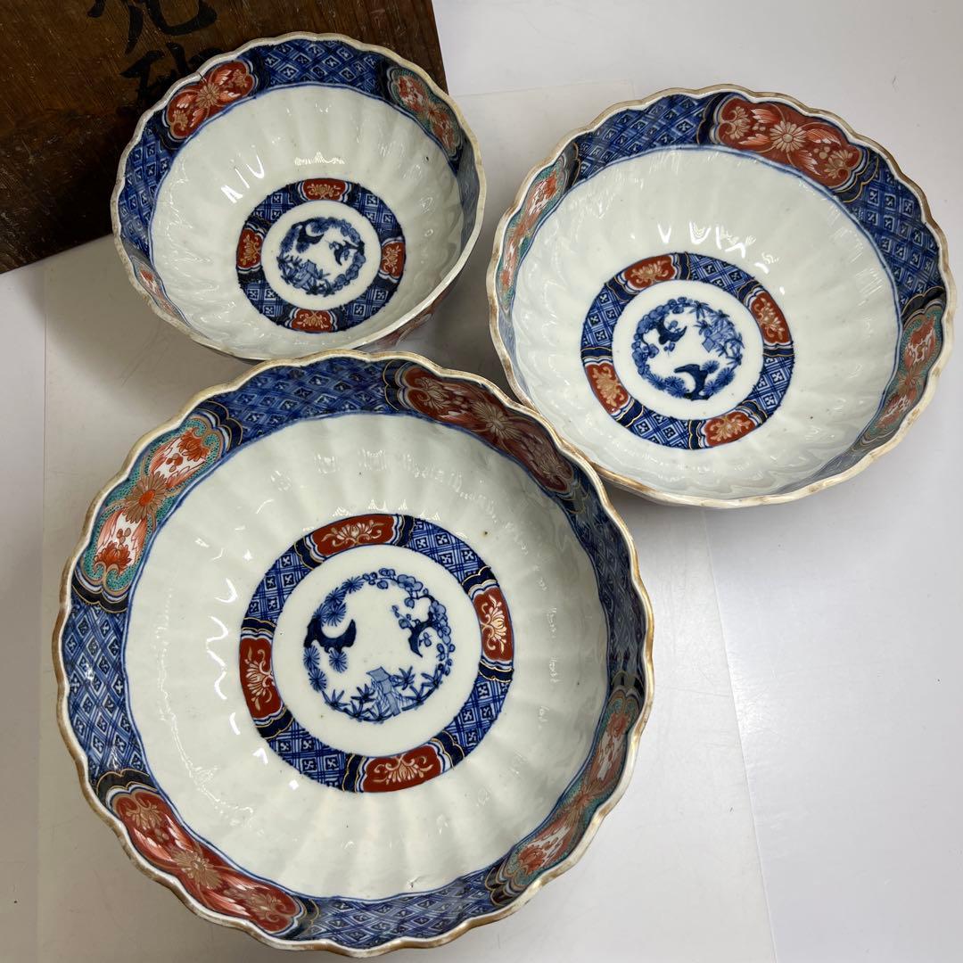 古伊万里　染錦菊割ミツ鉢　木箱　幅約24/21/18㎝　東Y7-0725③タカサ