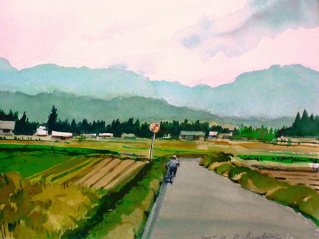 水彩画 田舎の風景 額装済み F6サイズ 原画