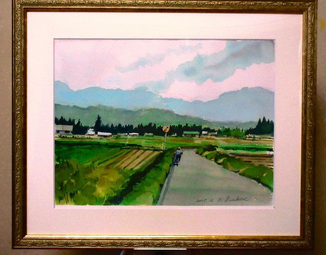 水彩画 田舎の風景 額装済み F6サイズ 原画