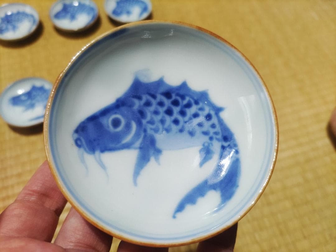 ５枚セット　新渡　鯉図　小皿・平盃（径９㎝）中国　清朝期