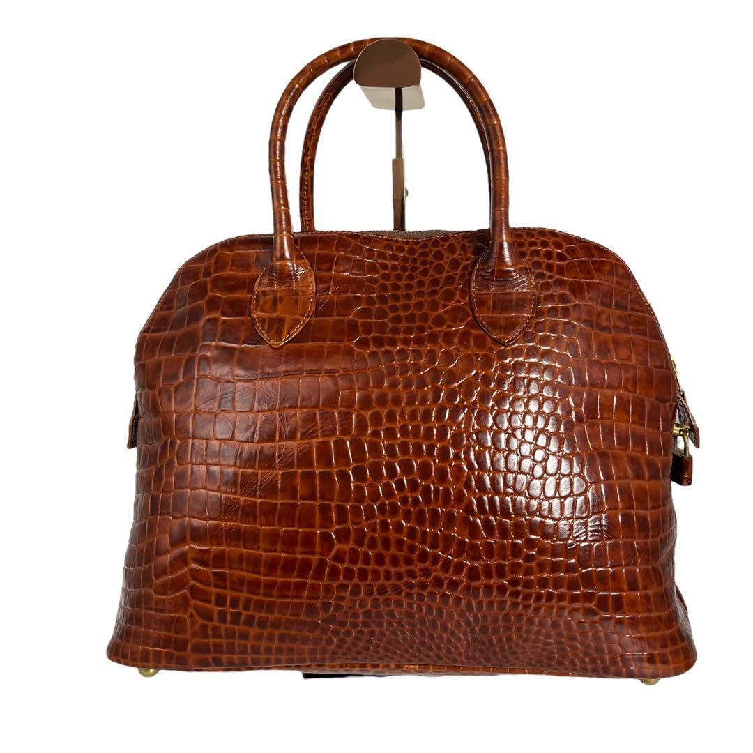 クロコダイル型押し 茶レザーバッグ 鍵付き 大容量