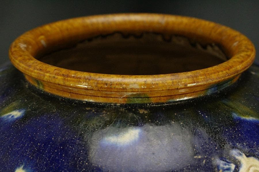 中国美術 唐三彩 貼花紋 丸壷 φ30cm(LC240)