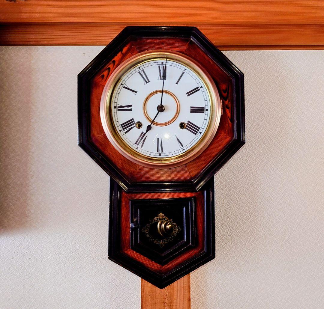 〈完動・美品〉小型八角合長ゼンマイ振り子時計　アンティーク古時計