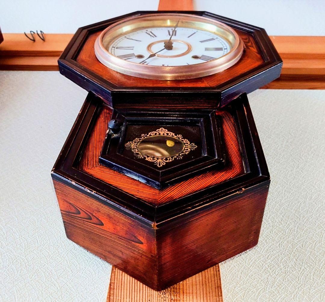 〈完動・美品〉小型八角合長ゼンマイ振り子時計　アンティーク古時計