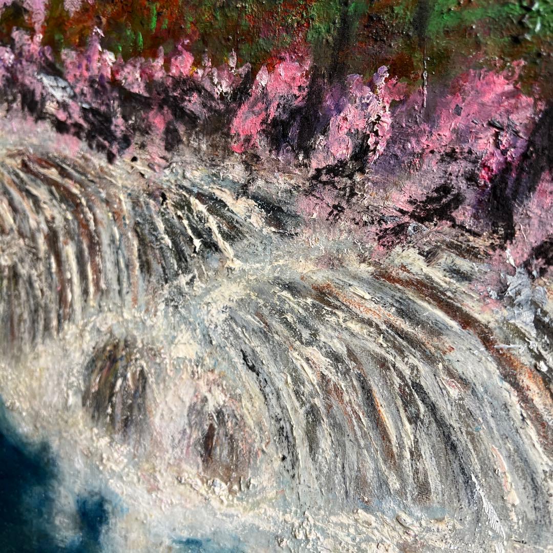 k927 額装絵画 春うららかな桜を臨むすだれ滝の風景 油彩画 エレガントな額縁