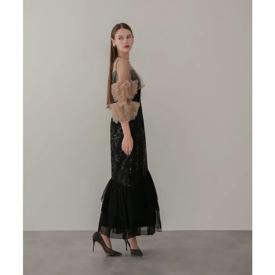 Leja フラワースパンコールチュールフリルスリーブIラインワンピースドレス