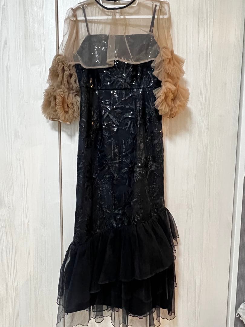 Leja フラワースパンコールチュールフリルスリーブIラインワンピースドレス