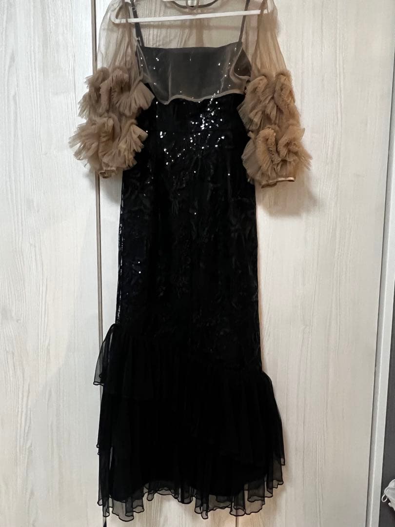 Leja フラワースパンコールチュールフリルスリーブIラインワンピースドレス