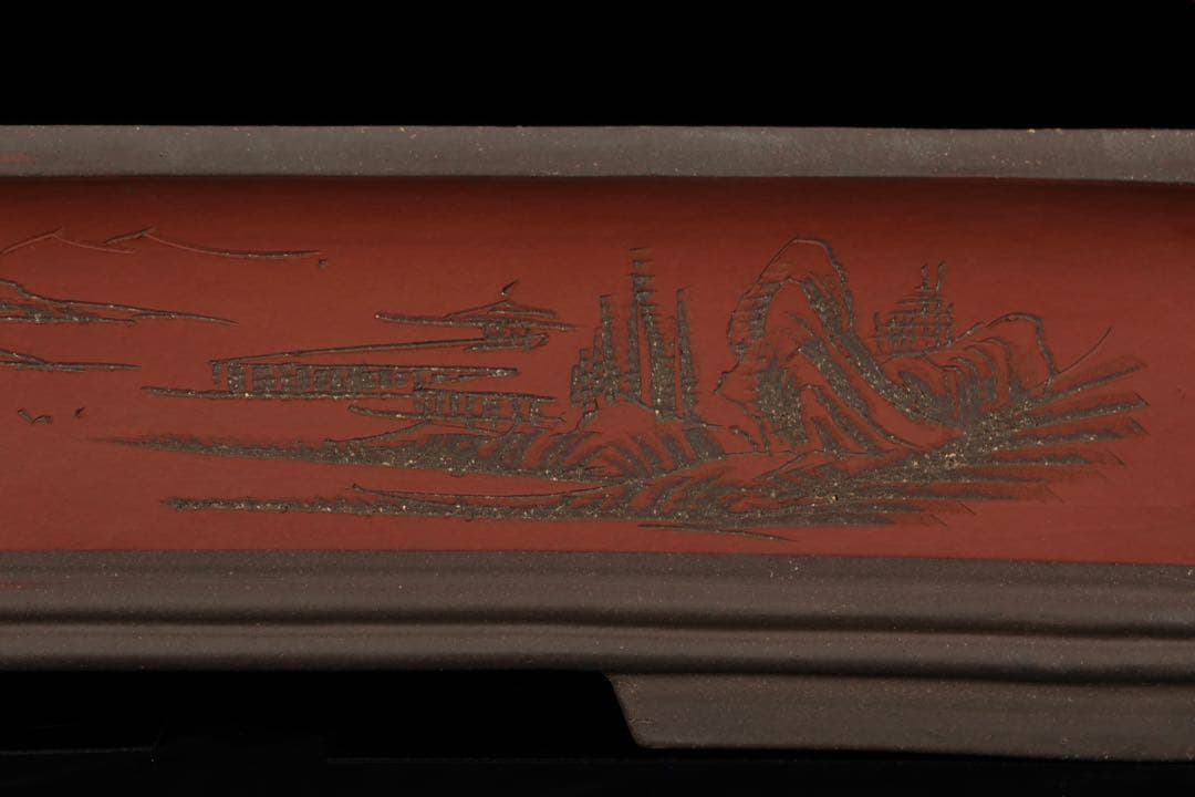 【中国古盆器】中国宜興 紫砂 朱泥外縁長方盆栽鉢 釘彫漢詩山水図 落款有 盆景鉢