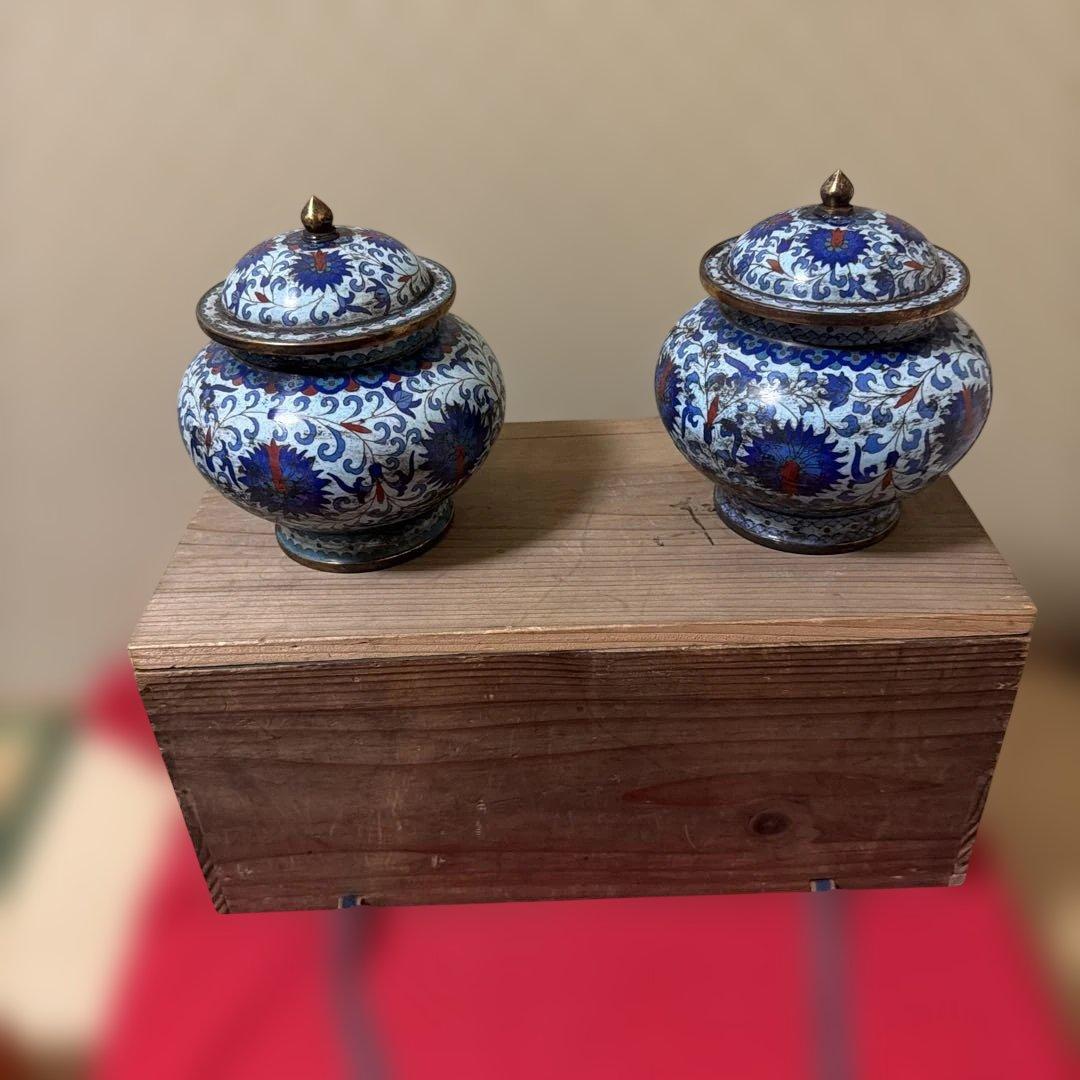 中国古美術　骨董品　七宝焼　蓋付き壺一対　保管箱