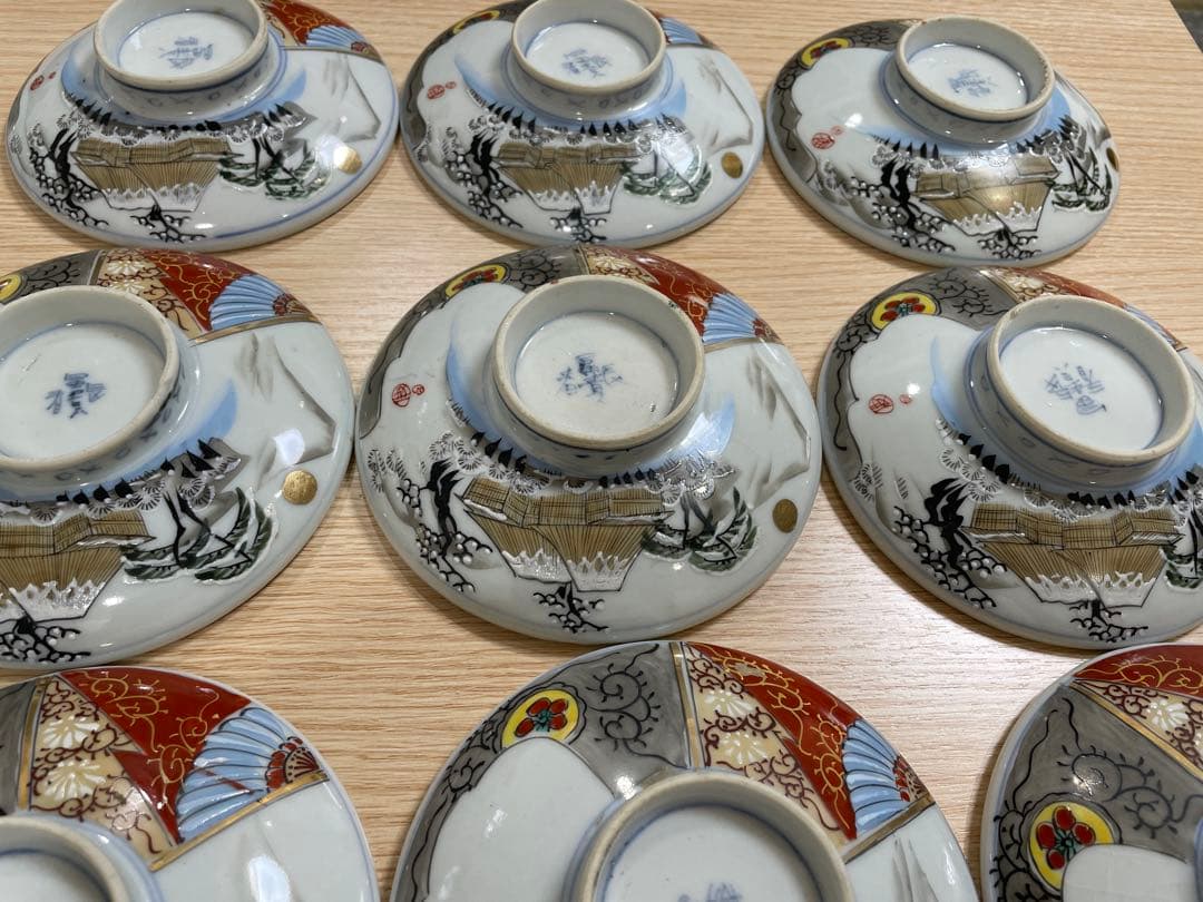 古伊万里 富貴長春 色絵金彩 富士 雪柄 小鉢 蓋付き椀 茶碗 レトロ 20客