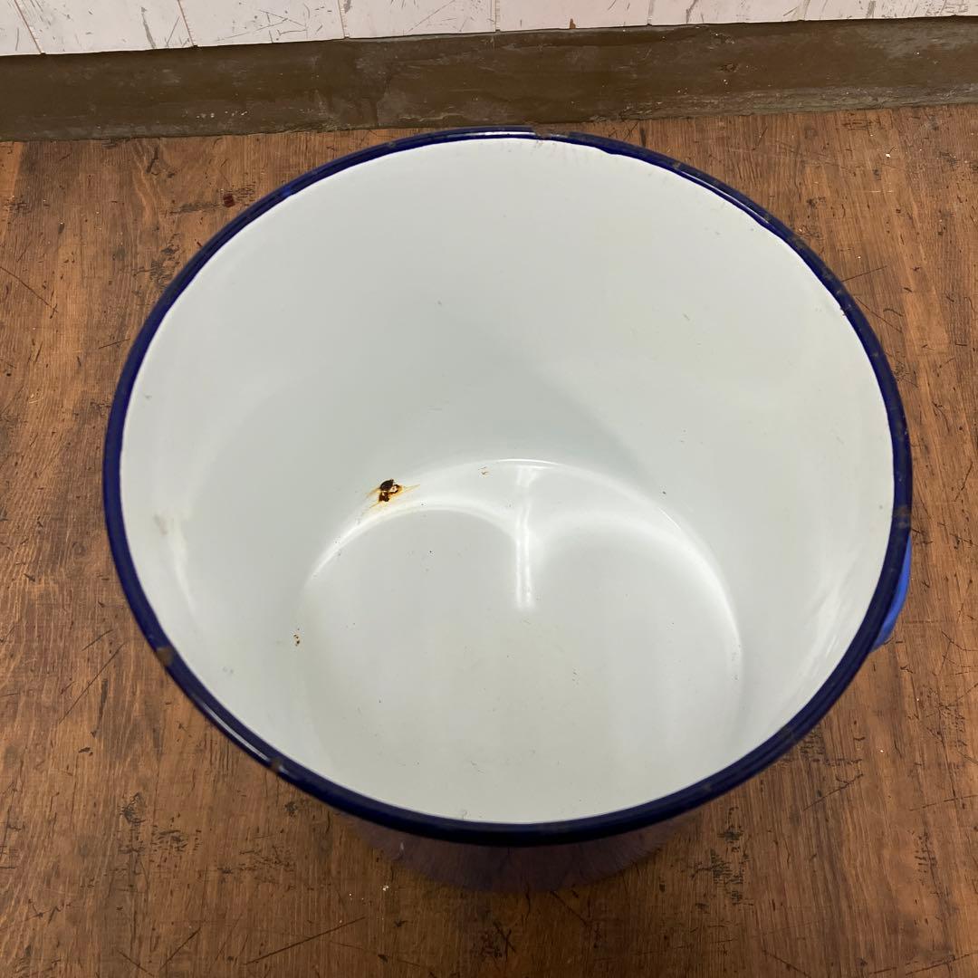 E-2 アンティーク 大型 ホーロー 鍋 バケツ ブルー 昭和レトロ ビンテージ