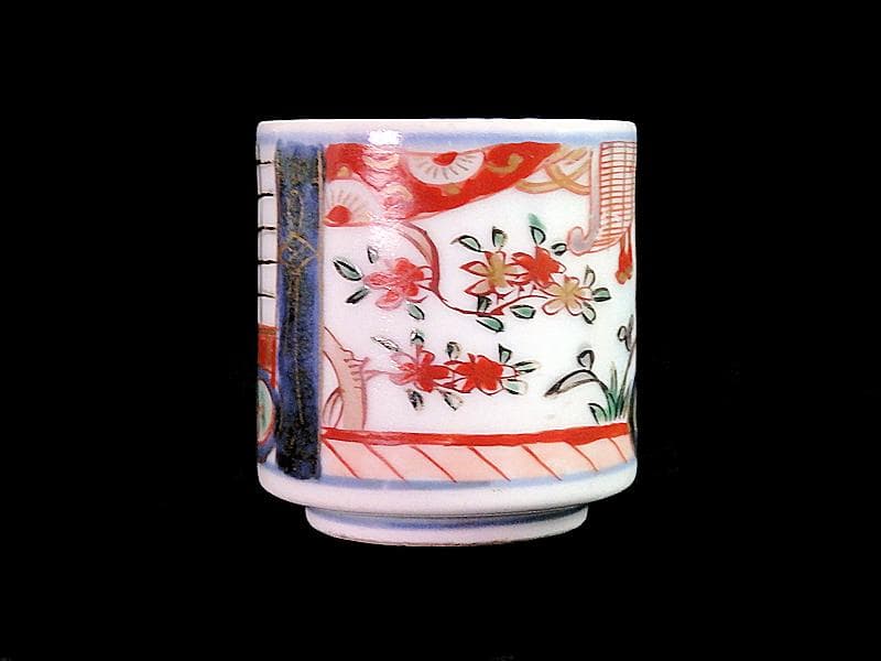 古伊万里　色絵　邸内図　御簾に桜花の図　のぞき　猪口　A964AS-CEj