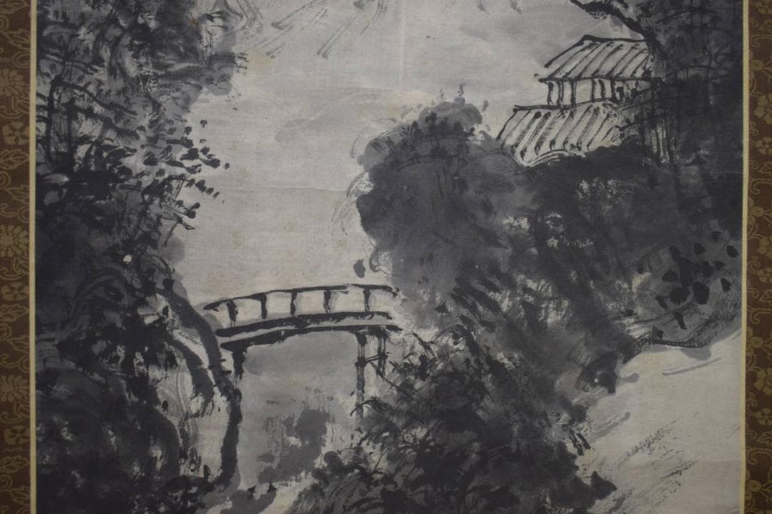 模写/浦上玉堂/寒林山水図/寒林飛瀑図/絹表装/桐題箱付/布袋屋掛軸HJ-4