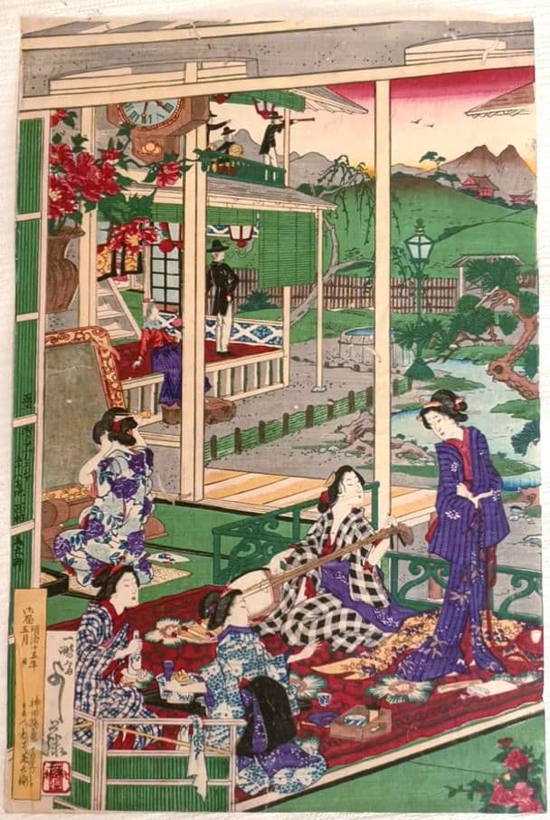 稀浮世絵版画、温泉遊客之圖三枚綴り、歌川芳藤画明治15年出版